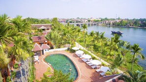 Outdoor pool, pool umbrellas, pool loungers