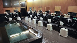 Een openbaar toilet met meerdere wastafels, spiegels en vloerverwarming.