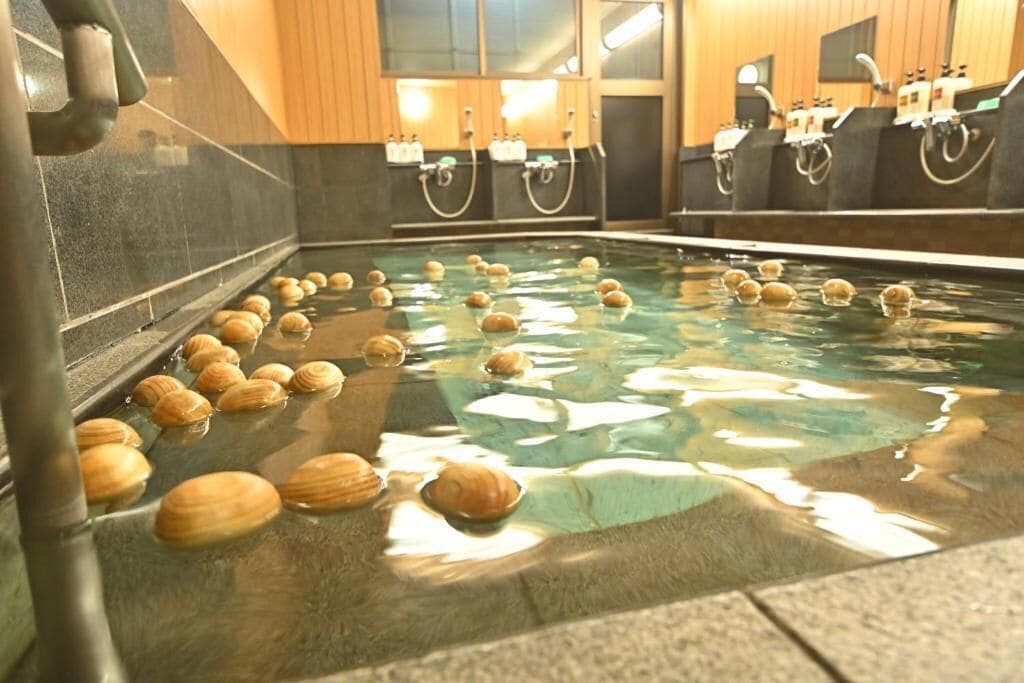 A swimming pool with multiple water features and a tiled wall.