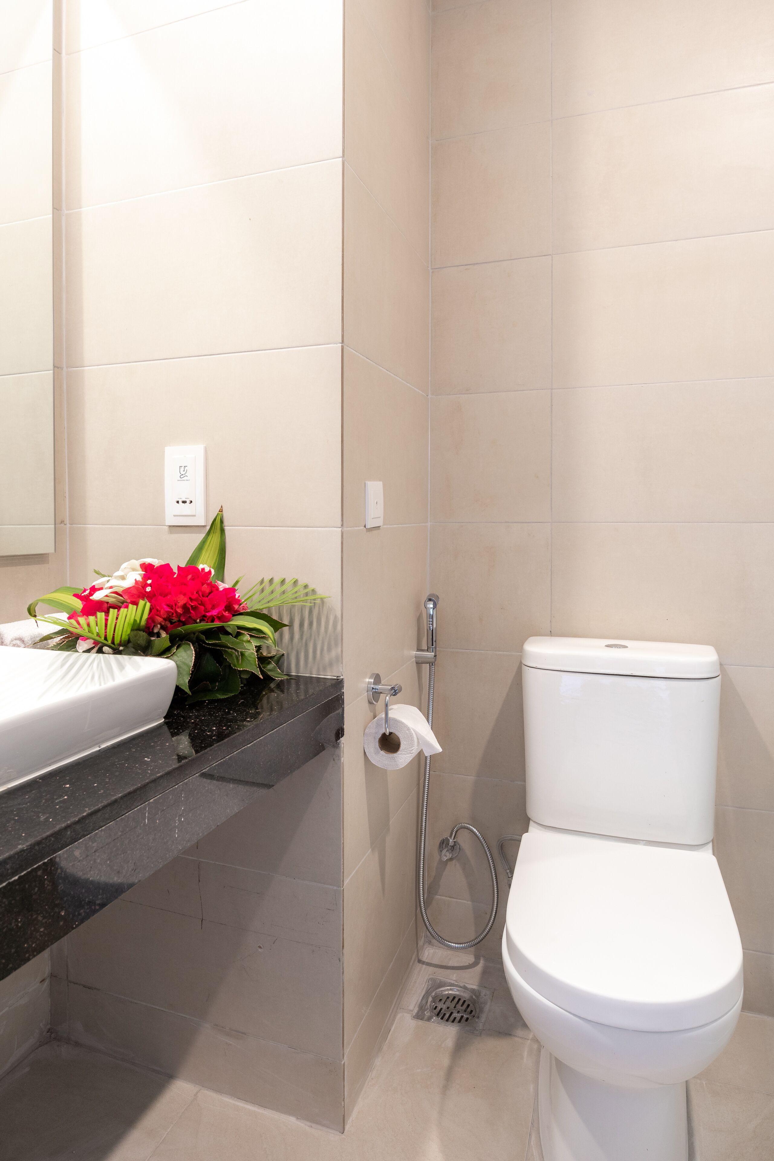 Un baño con inodoro blanco, un lavabo con encimera negra y un espejo sobre el lavabo.