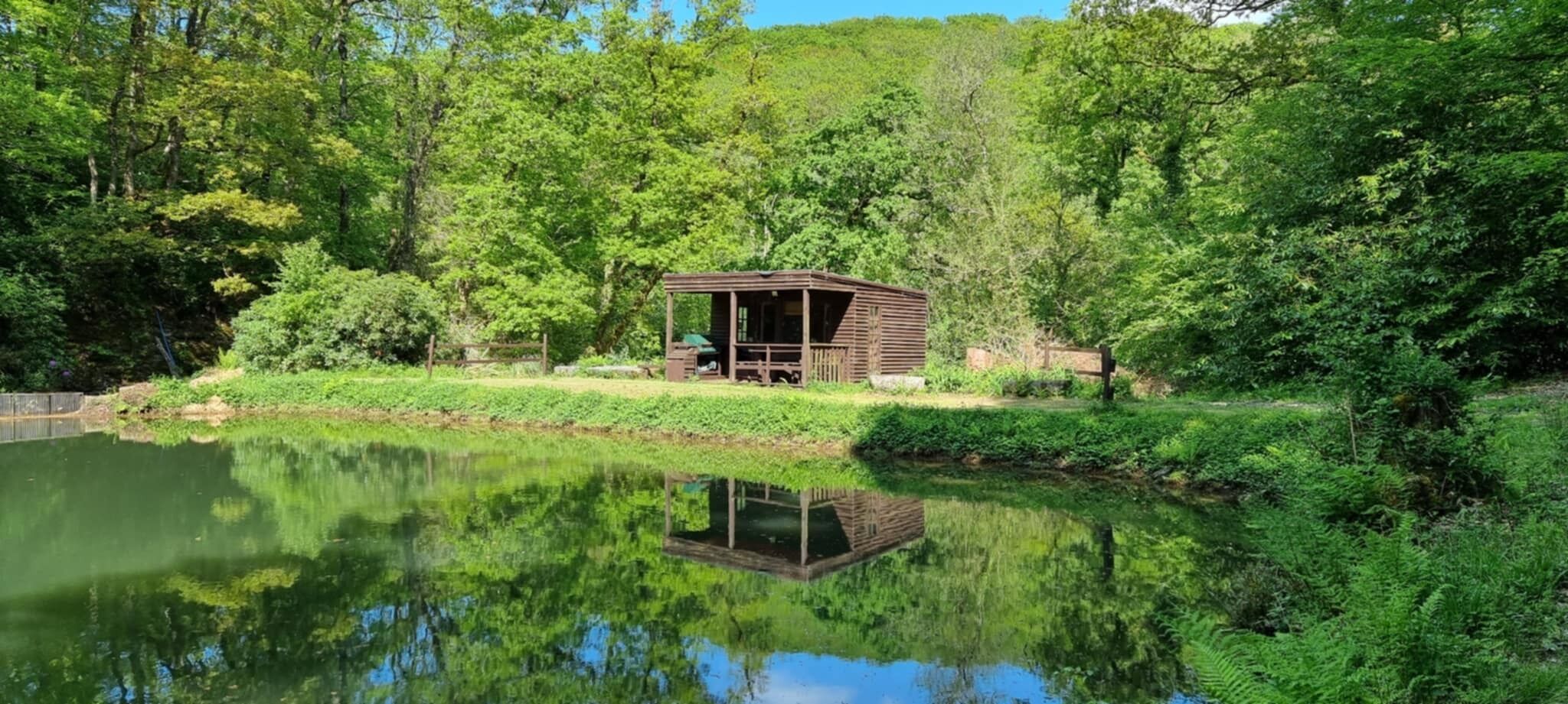 A wooden cabin with a deck, surrounded by lush greenery and a calm pond.
