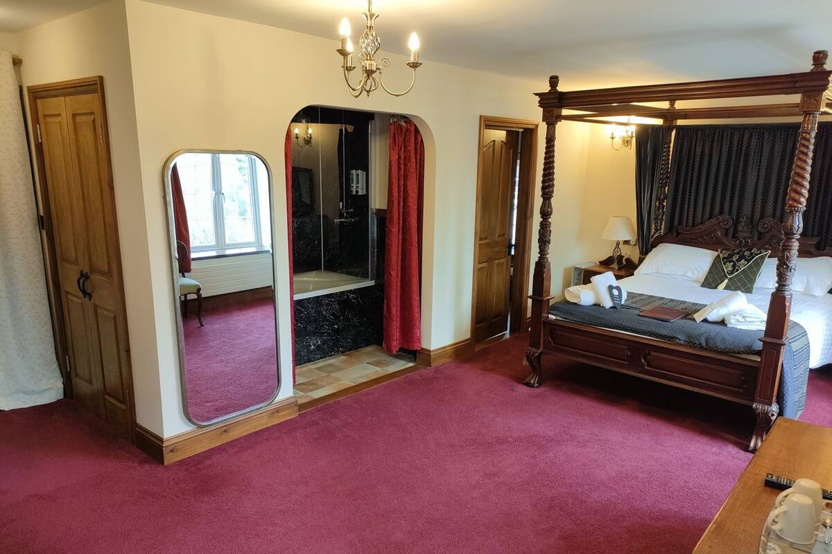 A bedroom with a four-poster bed, a large mirror, a chandelier, and a red carpet.