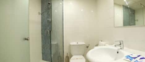A modern bathroom with a glass shower enclosure, a white toilet, and a large sink with a mirror above it.