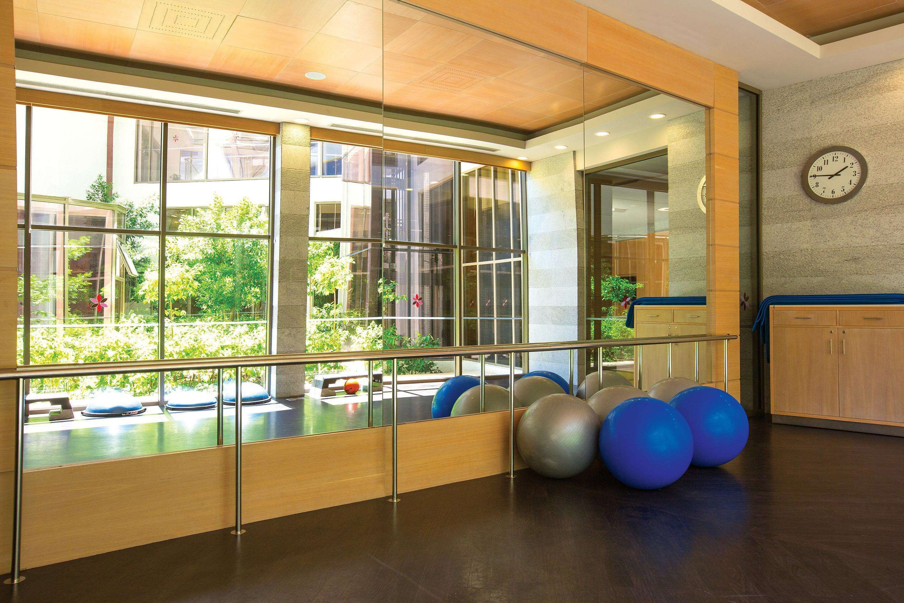A modern gym with exercise balls, a clock, and a view of greenery through large windows.