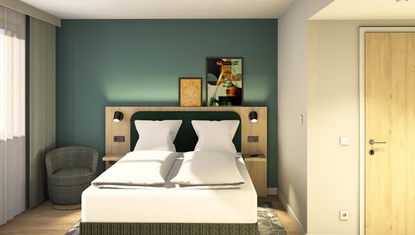 A modern hotel room with a large bed, two bedside tables, a chair, and artwork on the wall.