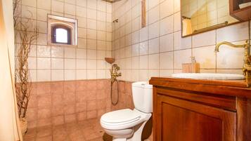 A bathroom with a toilet, a sink, and a shower.