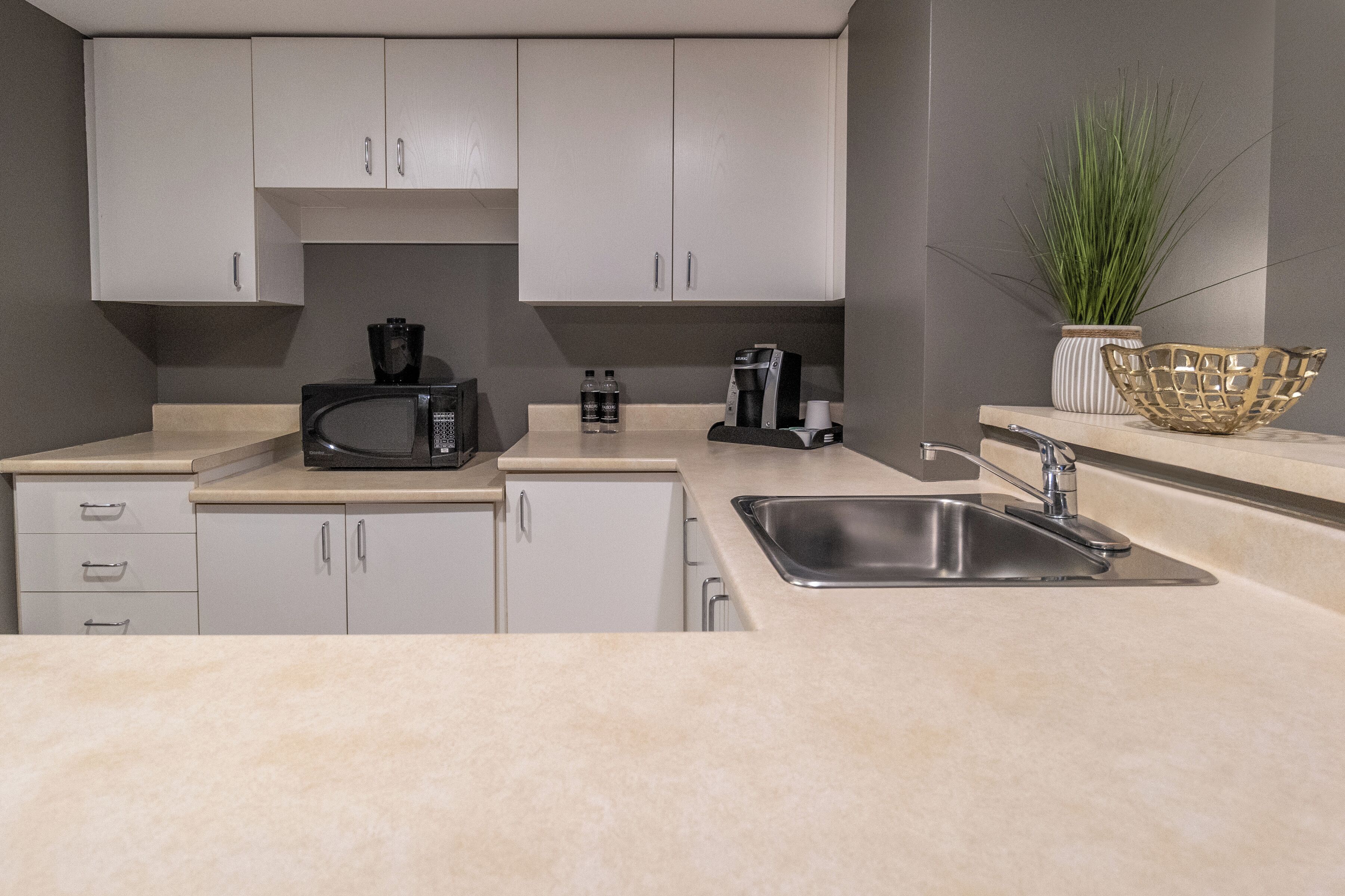 Una cocina moderna con armarios blancos, un lavamanos de acero inoxidable, microondas, cafetera y una planta en maceta.