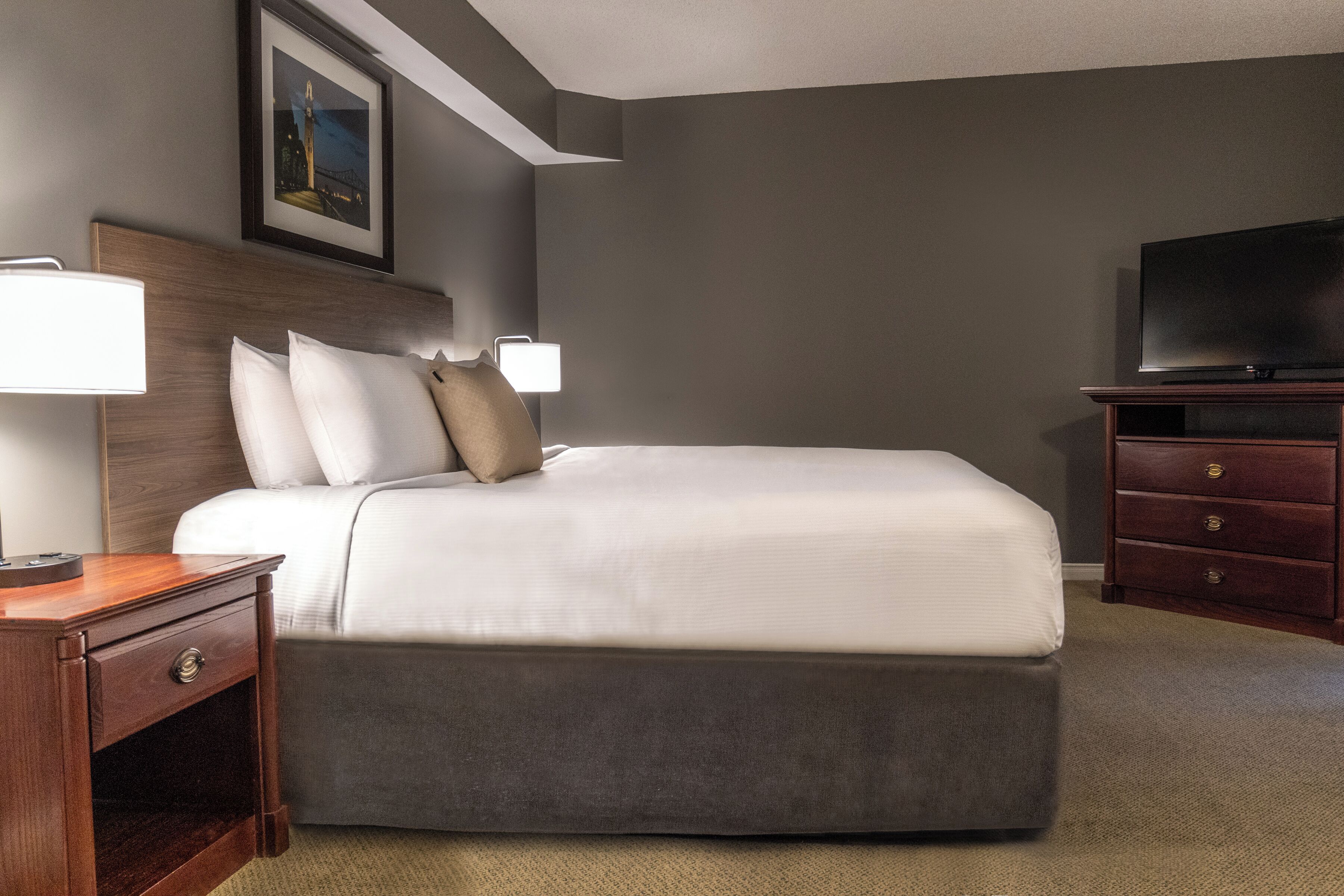 Une chambre d’hôtel bien aménagée, avec un grand lit, une table de chevet avec une lampe, une commode et un téléviseur à écran plat.