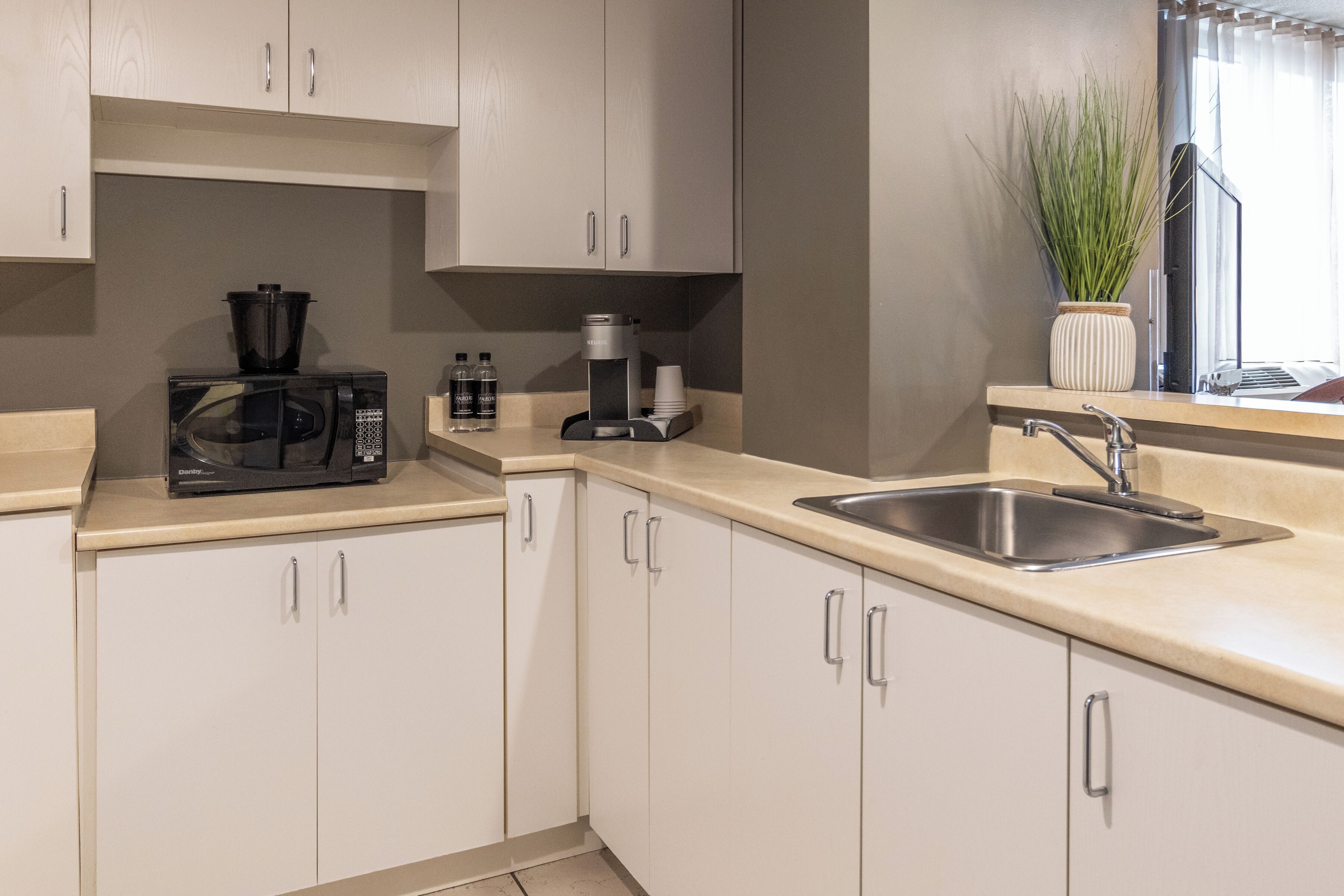 Una cocina moderna con armarios blancos, un lavamanos de acero inoxidable, un microondas, una cafetera y una planta en maceta.