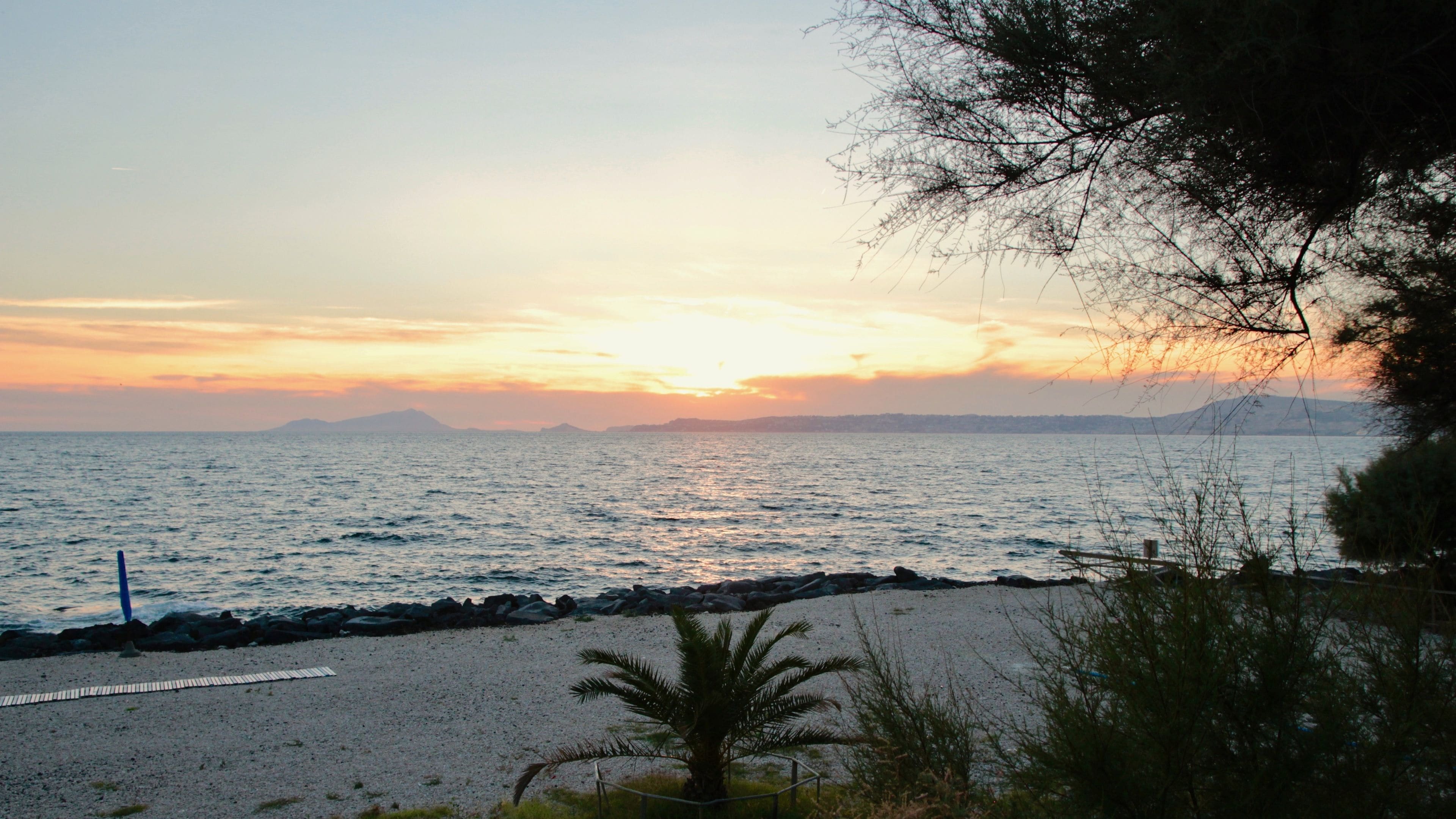 Una playa con costa rocosa, una palmera y vista al mar y montañas distantes al atardecer.