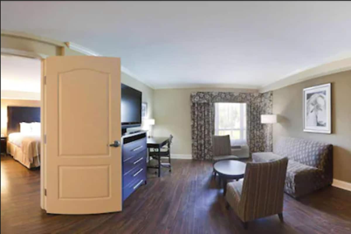 A hotel room with a bed, a desk, a television, a chair, a sofa, and a window with curtains.