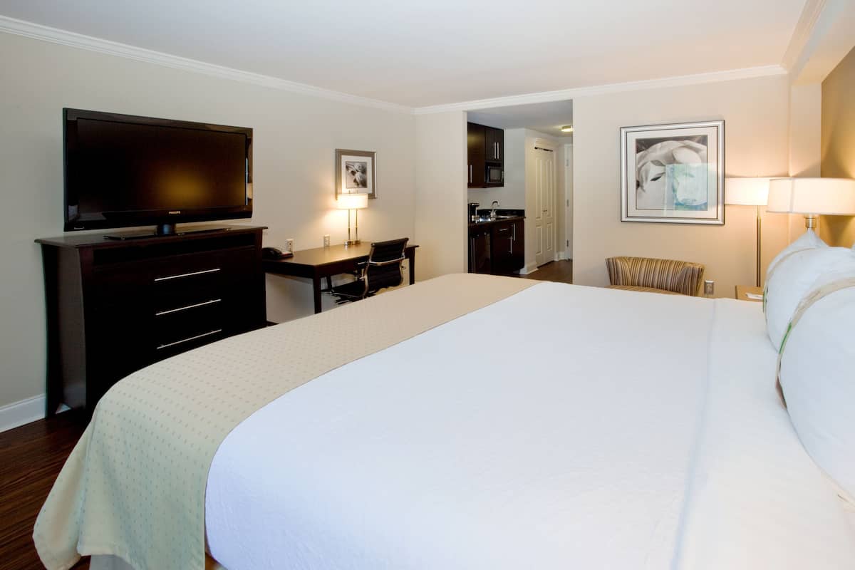 A hotel room with a large bed, a flat-screen TV, a desk with a chair, a small kitchenette, and a framed picture on the wall.