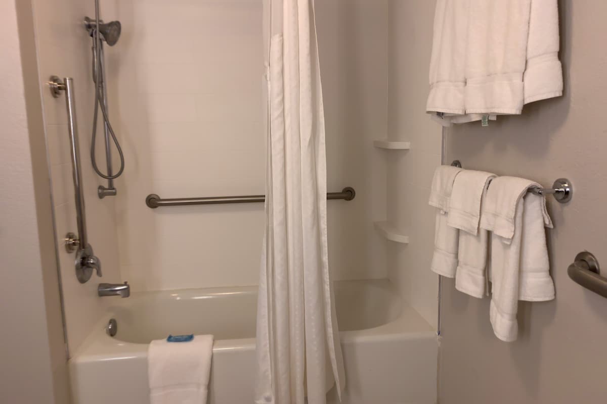 Hair dryer, towels, soap, shampoo
