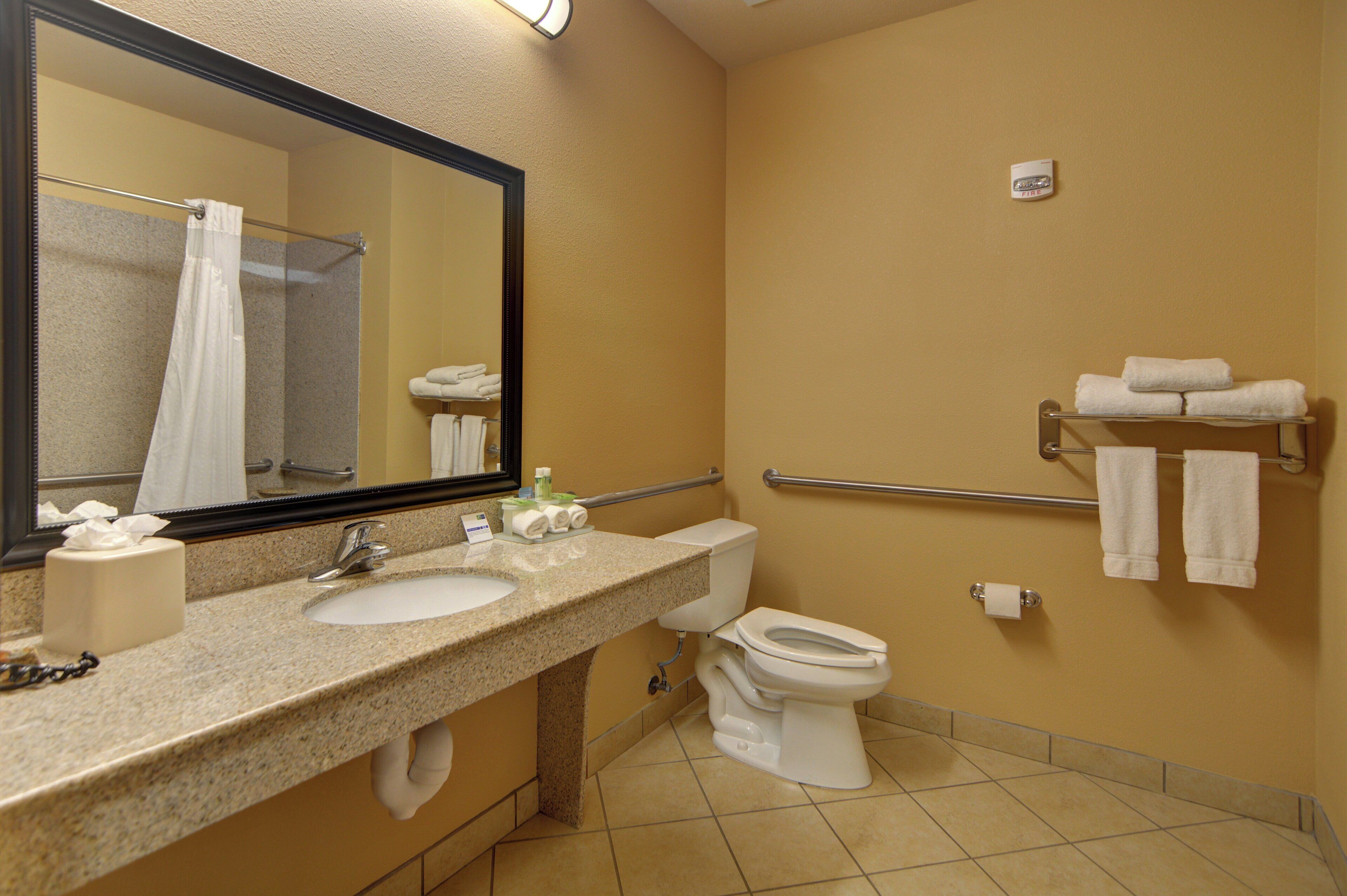 Un baño de hotel con lavamanos, inodoro y perchero para toallas.