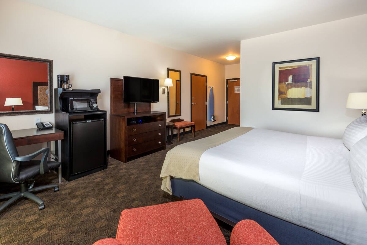 Quarto de hotel com cama, escrivaninha, cadeira, televisão, micro-ondas e um quadro na parede.