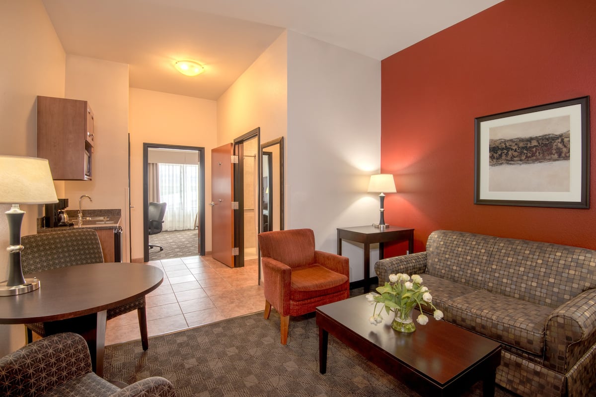 Quarto de hotel com uma mesa de jantar, duas cadeiras, um sofá, uma mesa de centro com um vaso de flores, um abajur, um quadro na parede e uma cozinha compacta ao fundo.