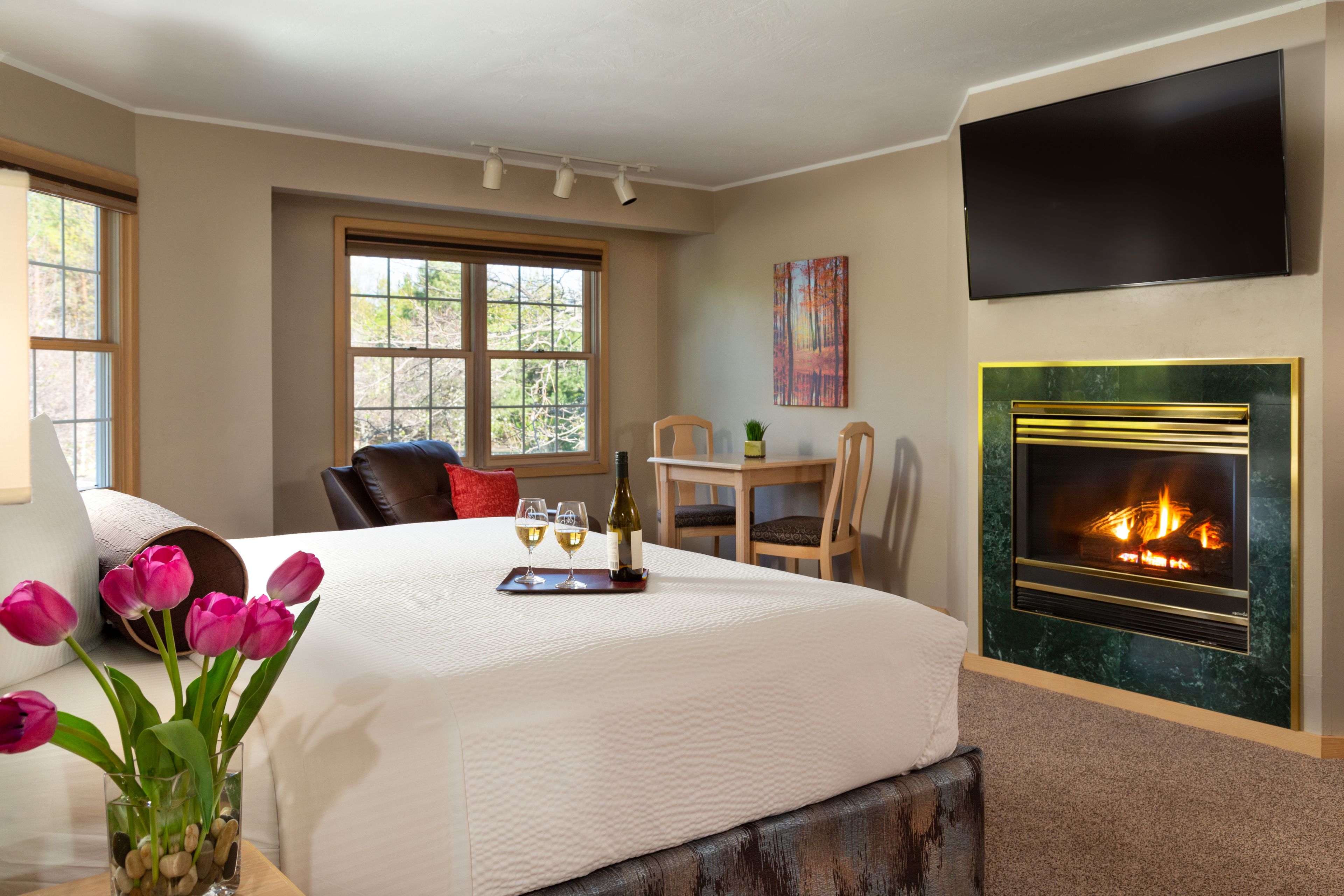 Een slaapkamer met een groot bed, een open haard, een televisie en een raam met uitzicht op bomen.