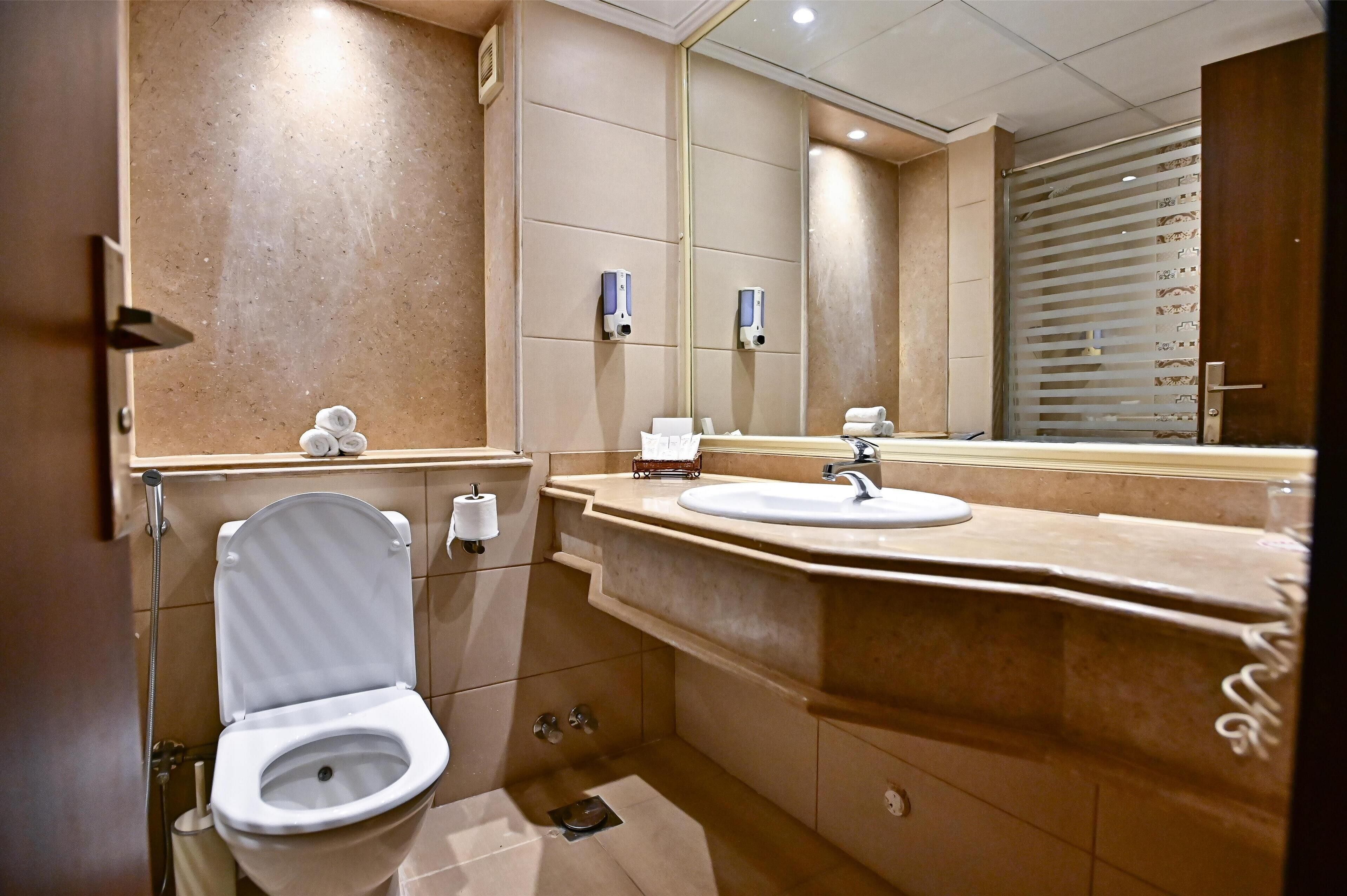 A modern bathroom with a toilet, sink, and mirror.