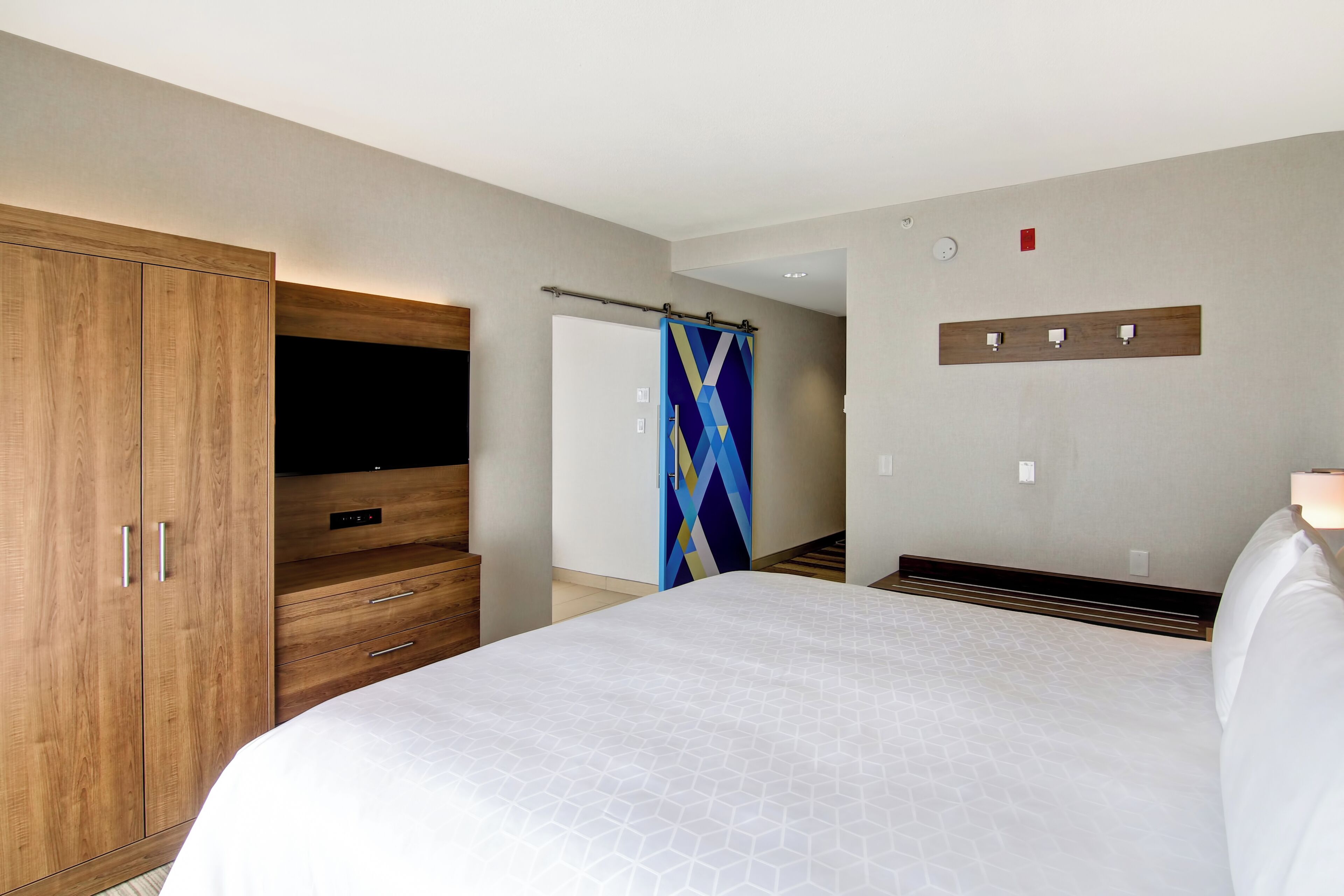 A hotel room with a large bed, wooden wardrobe, a flat-screen TV, a shower curtain, and a wall-mounted light switch.