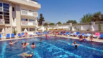Outdoor pool, pool umbrellas, pool loungers