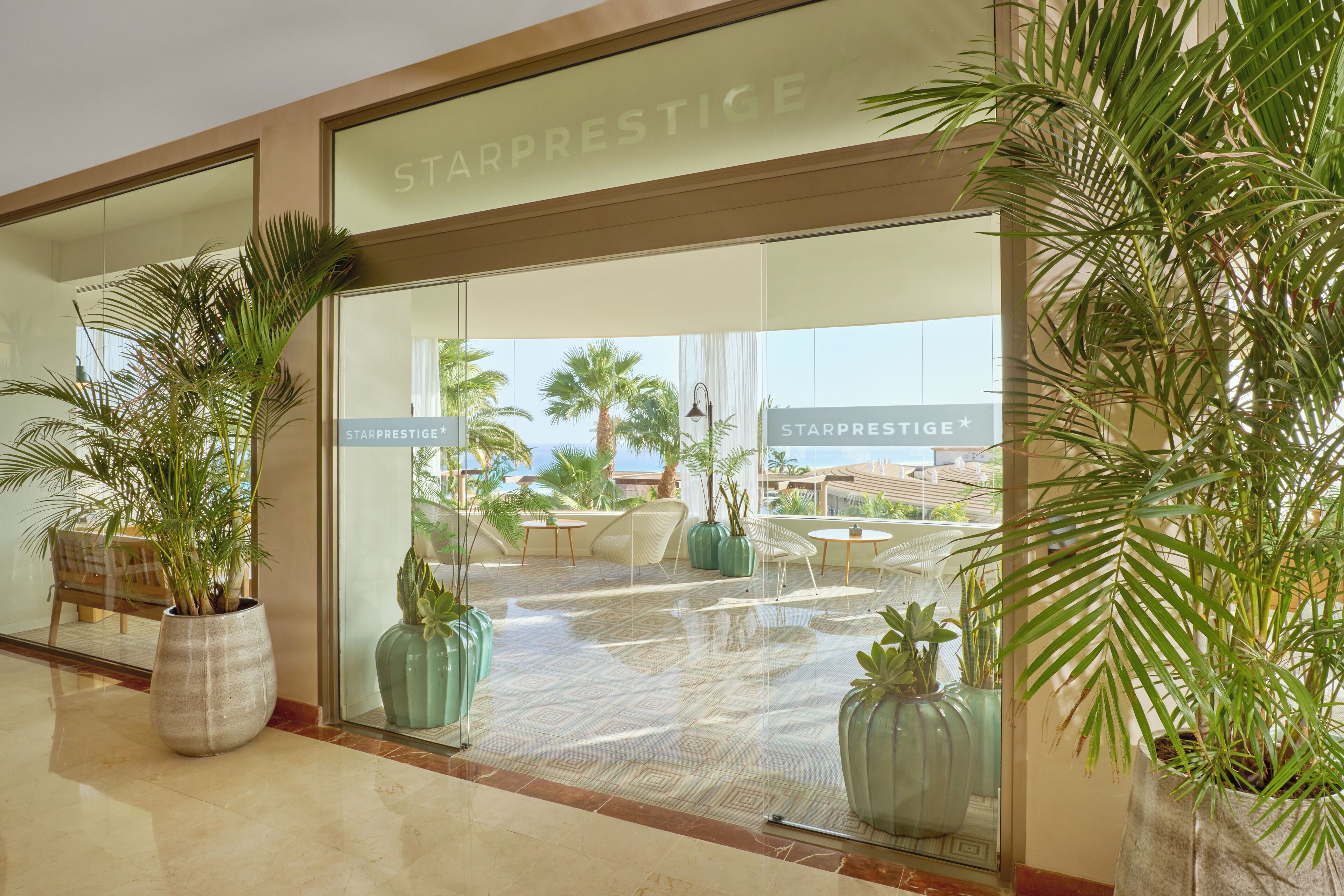 A hotel lobby with a large glass facade, potted plants, and a view of palm trees and a pool.
