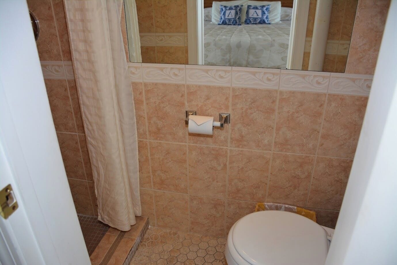 A bathroom with a toilet, a towel dispenser, and a shower curtain.