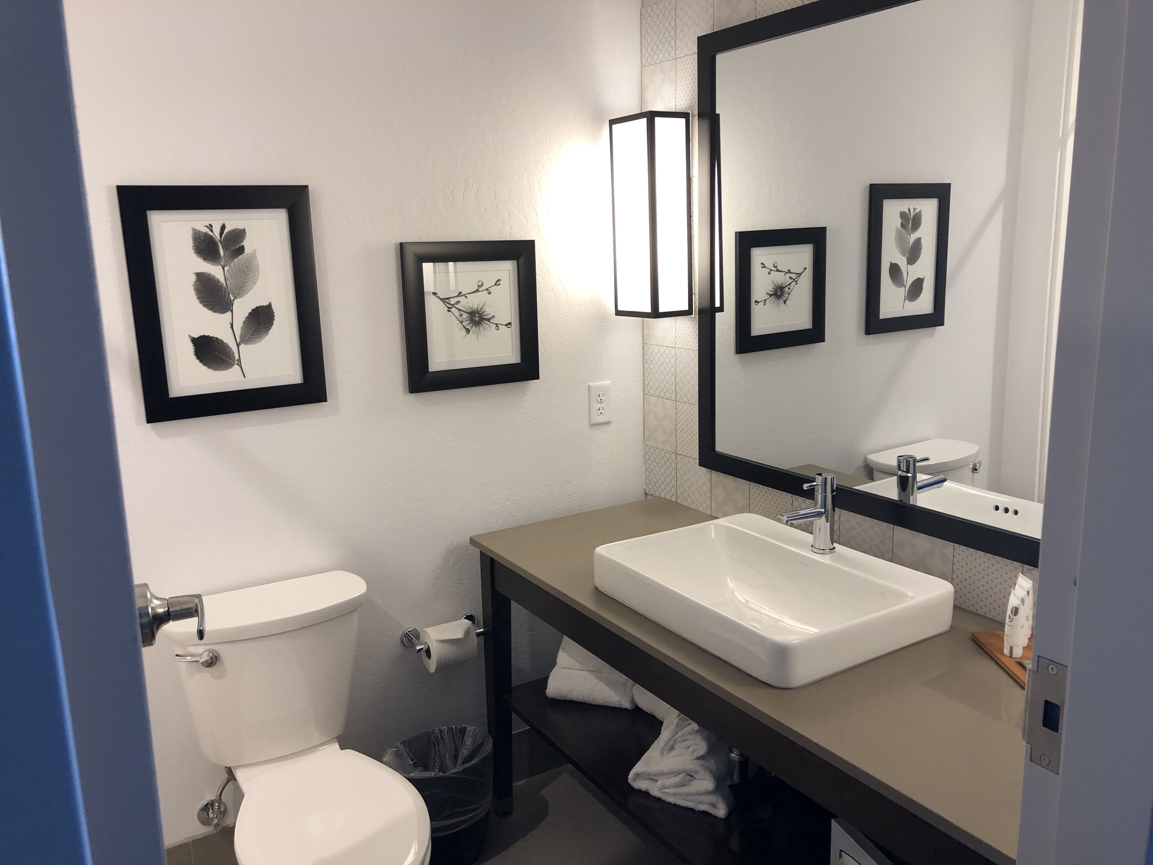 A modern bathroom with a toilet, sink, and large mirror. There are framed botanical prints on the wall.