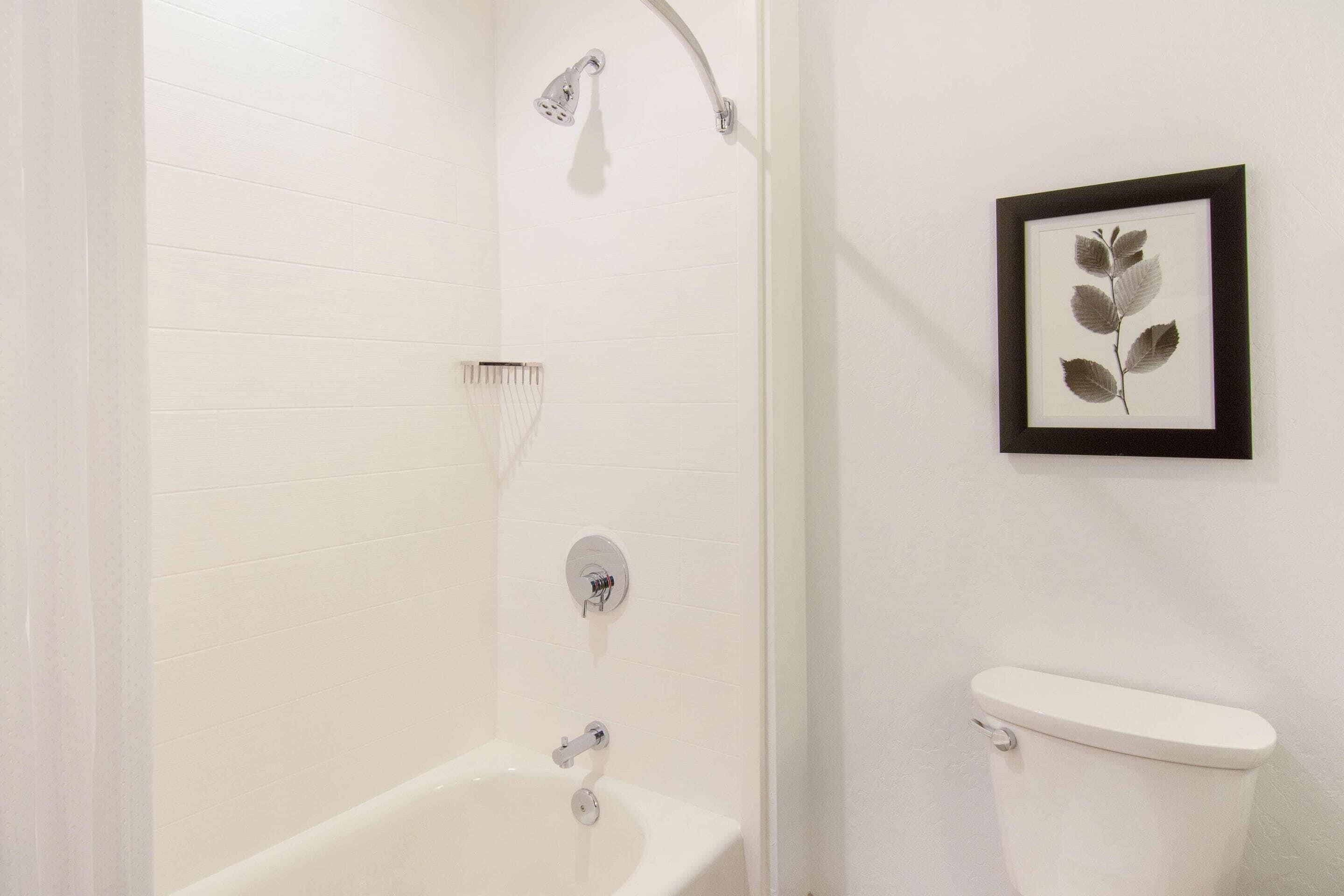Un baño con una bañera blanca, un inodoro y una ducha con grifo empotrado.
