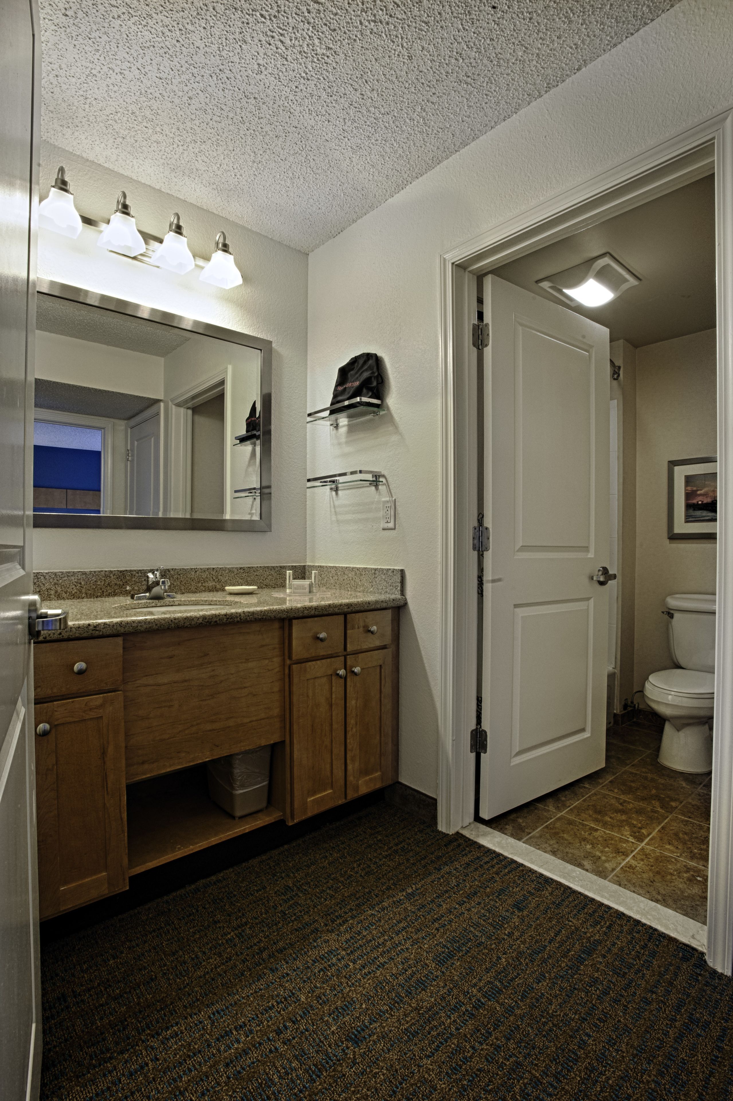 combined shower/bathtub, free toiletries, hair dryer, towels