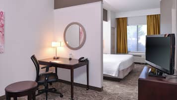 Premium bedding, desk, blackout drapes, iron/ironing board