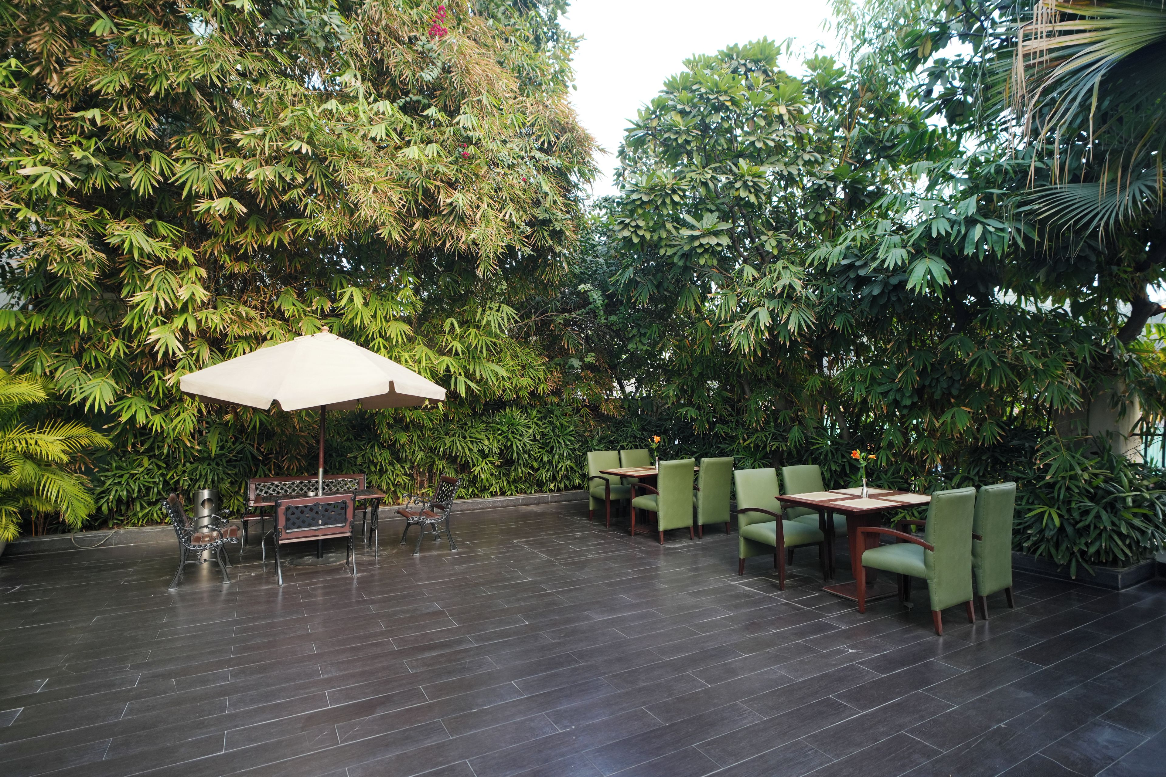 An outdoor seating area with tables and chairs, surrounded by dense foliage.