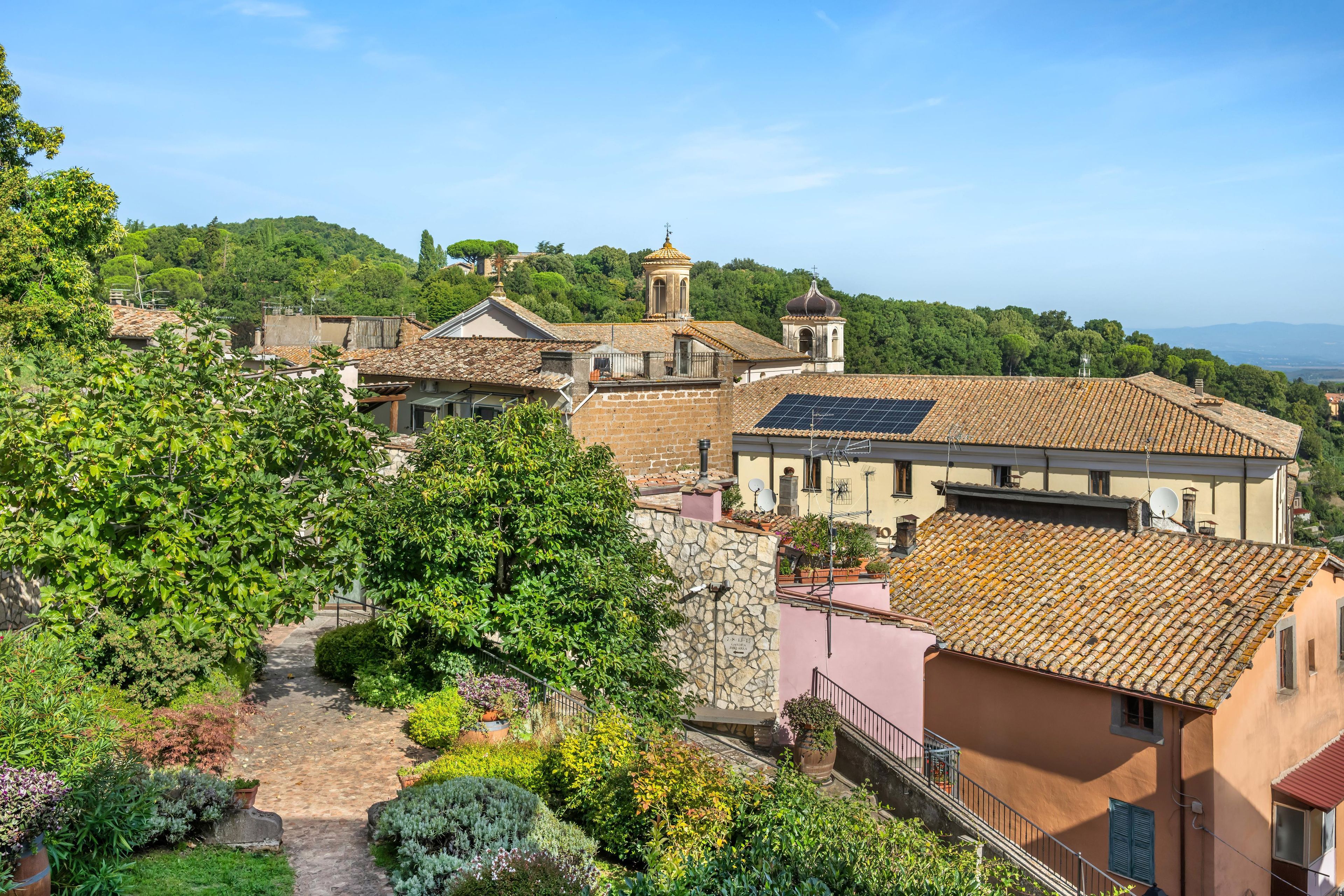 A hillside village with traditional architecture, terraced roofs, and lush greenery.
