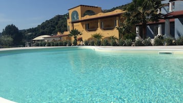 Outdoor pool, pool umbrellas, sun loungers