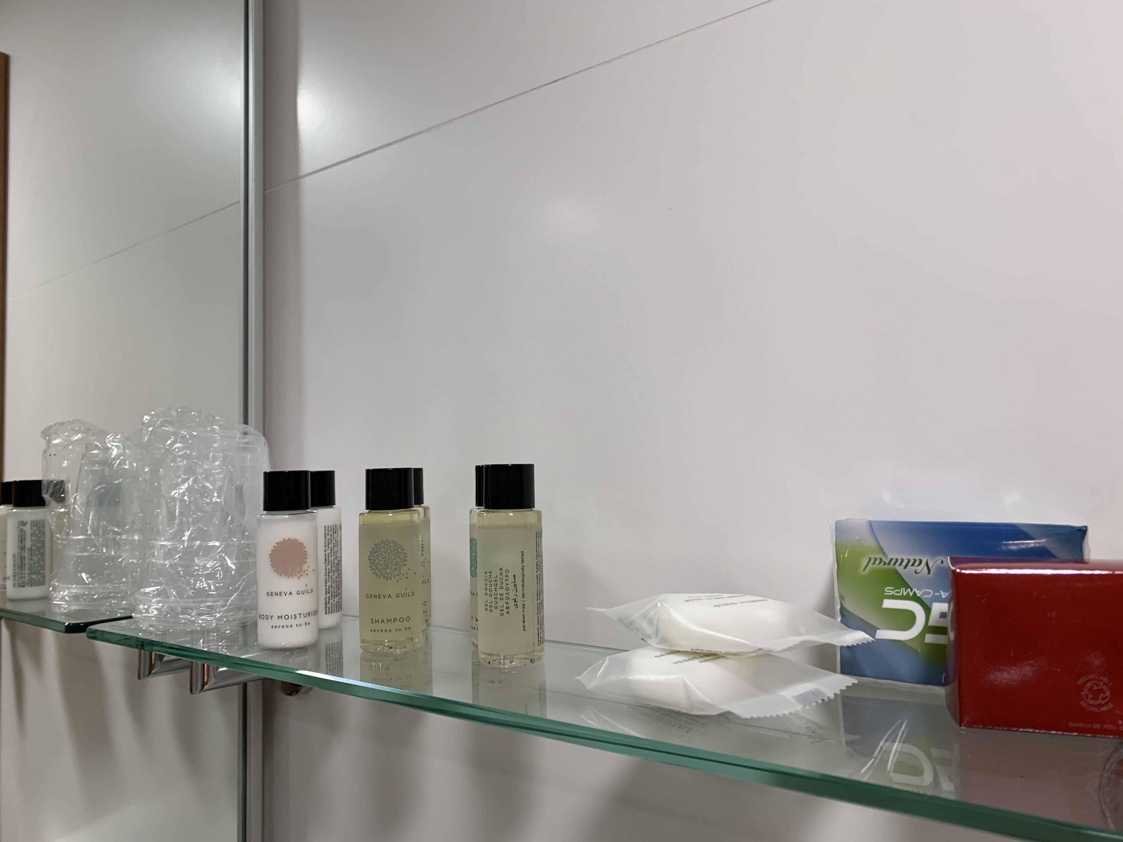 hydromassage showerhead, hair dryer, towels, soap