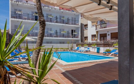 A pool area with blue lounge chairs, a palm tree, and a multi-story building with balconies.