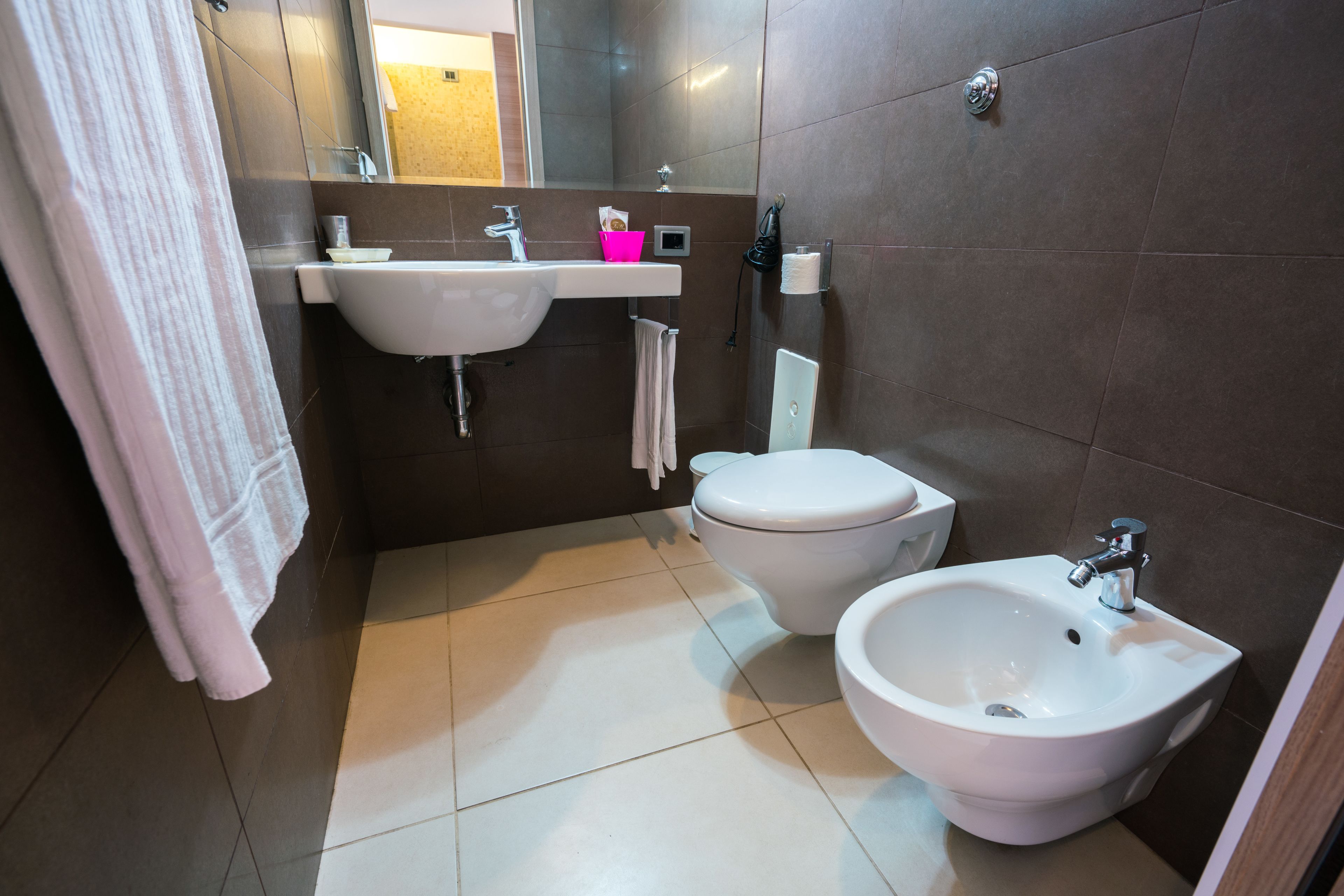 A bathroom with a sink, bidet, and bidet seat.