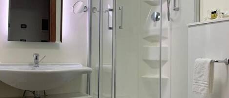 A modern bathroom with a glass-enclosed shower, a sink, and a bidet.