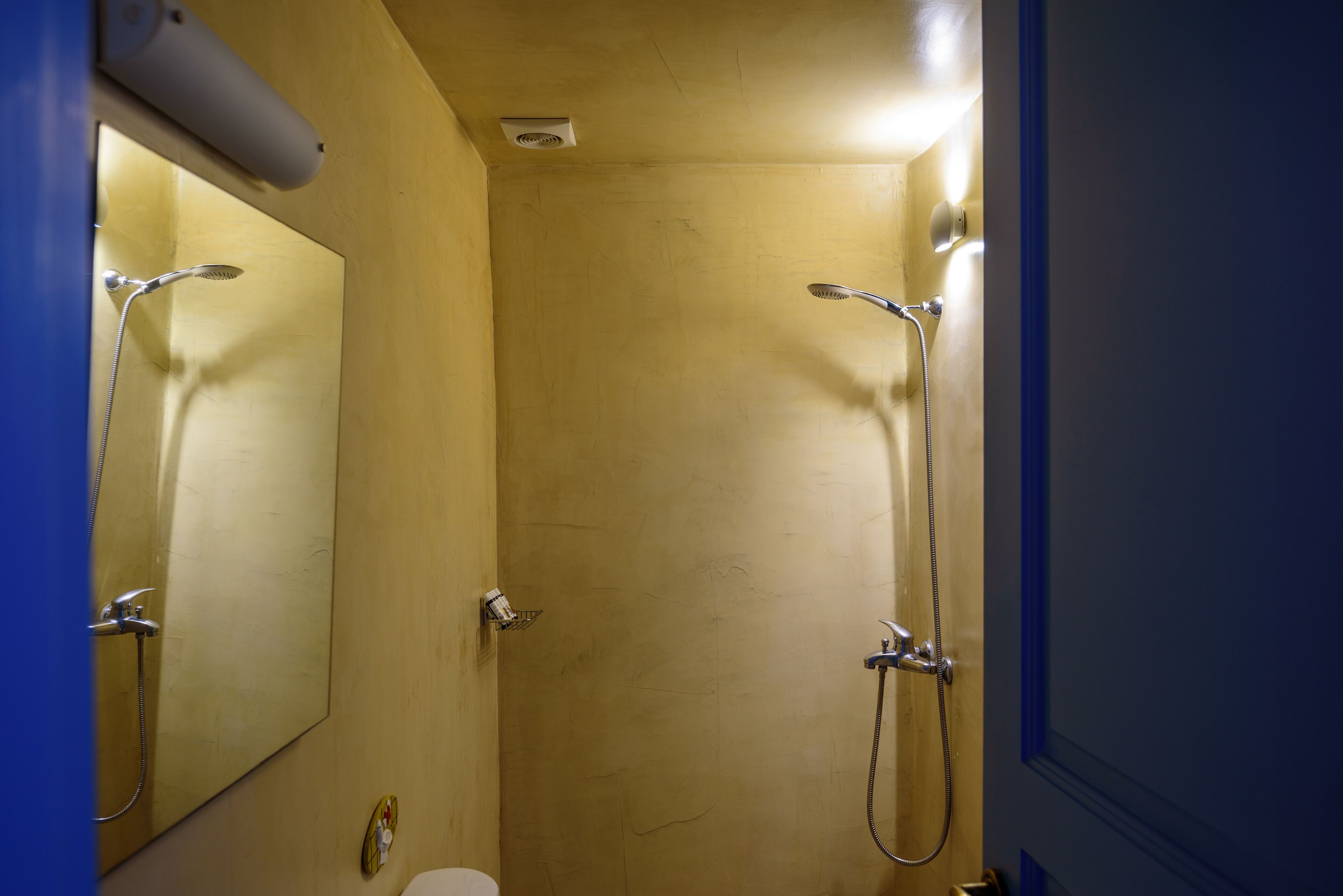 A bathroom with a shower, a toilet, and a mirror.