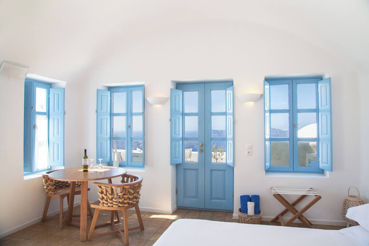 pantelia suite caldera view (hot tub) | 1 bedroom, premium bedding, pillow-top beds, minibar