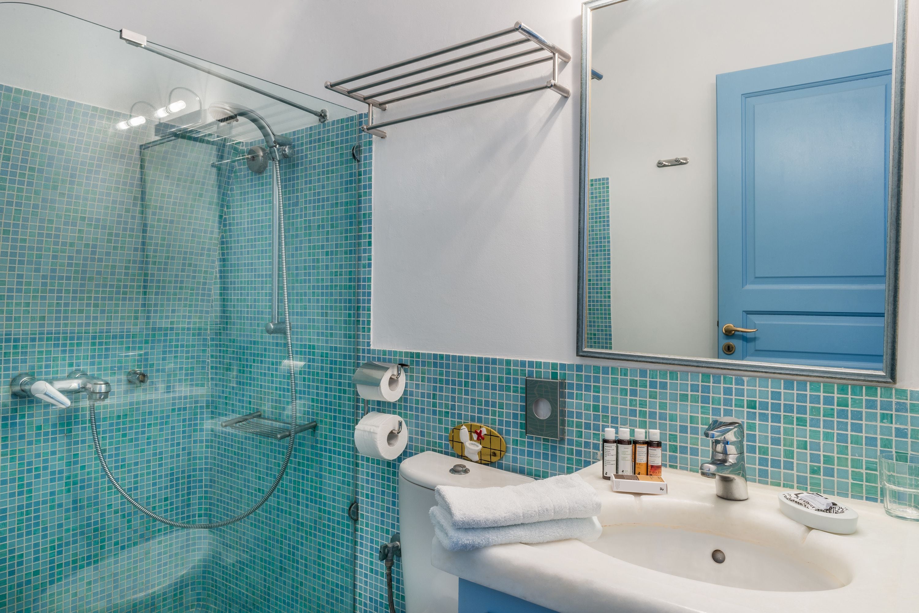 pantelia suite caldera view (hot tub) | bathroom | shower, designer toiletries, hair dryer, bathrobes