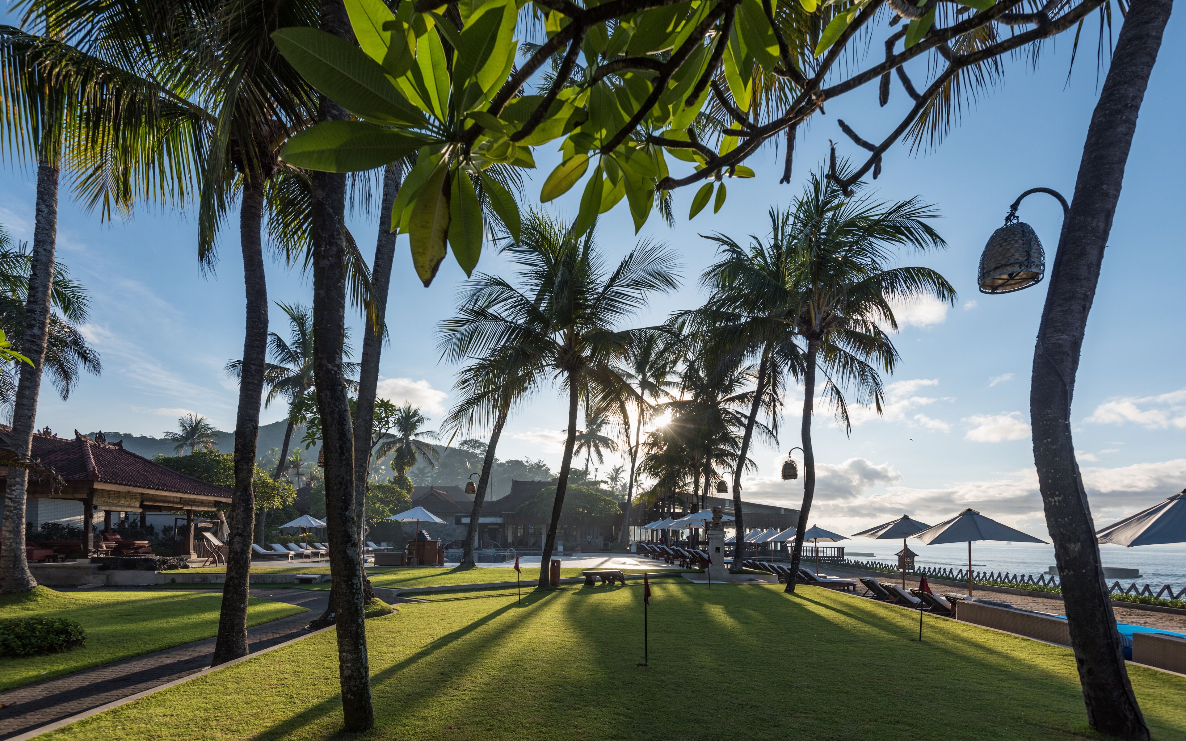 A resort with palm trees, sun loungers, and a pool area.