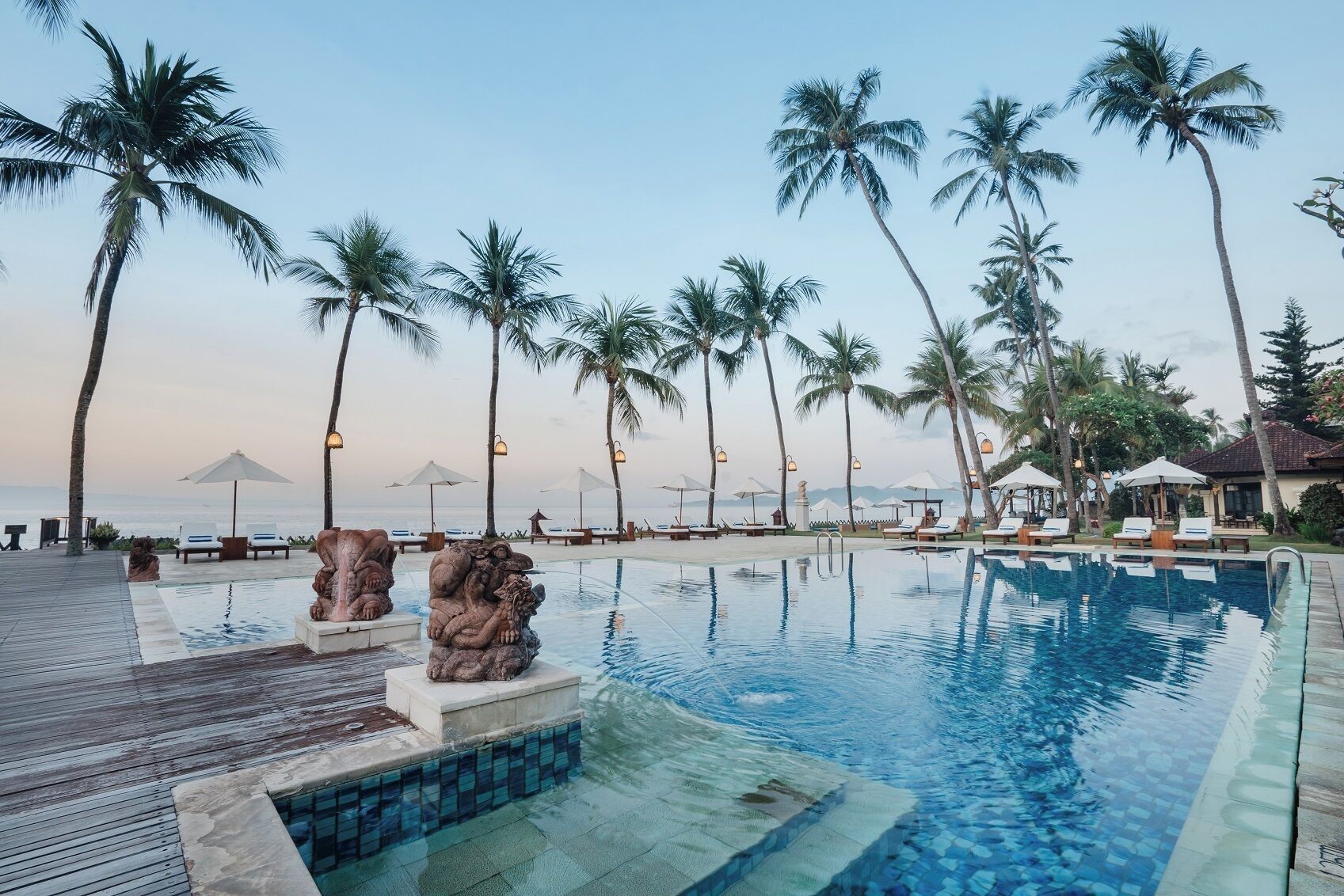 outdoor pool, pool umbrellas, pool loungers