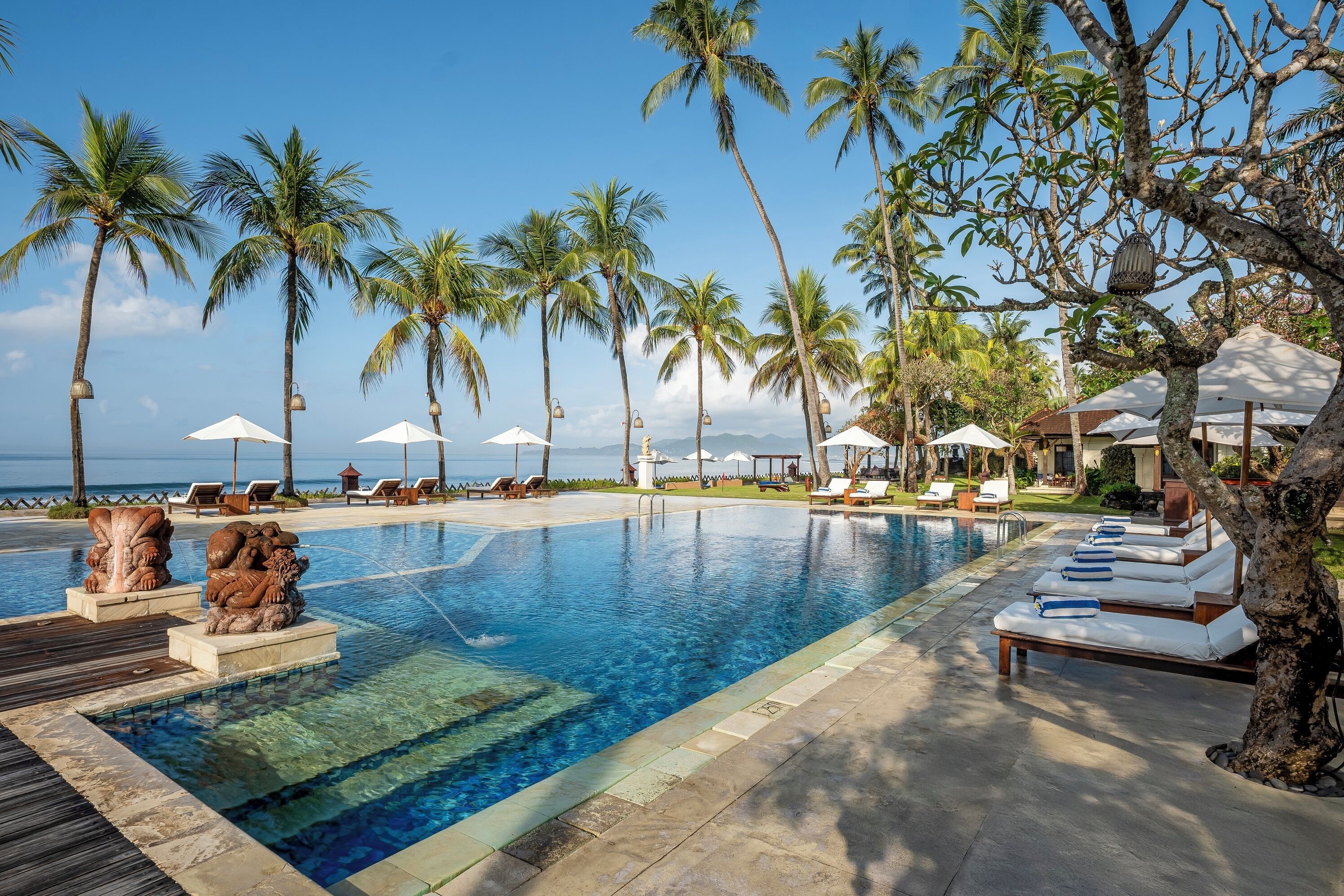 Outdoor pool, pool umbrellas, pool loungers