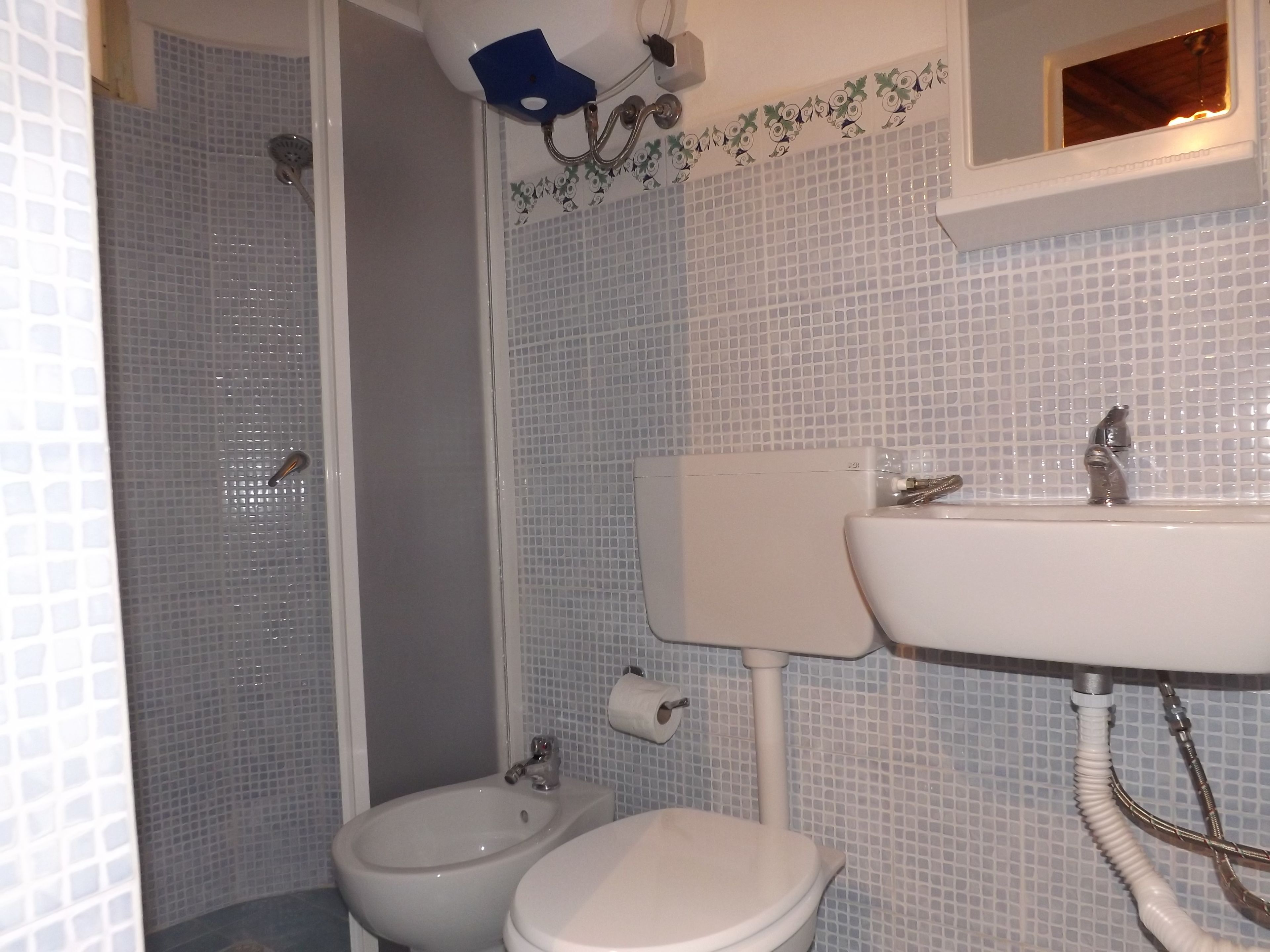 Une salle de bain équipée d’une douche, d’un bidet, de toilettes et d’un lavabo.