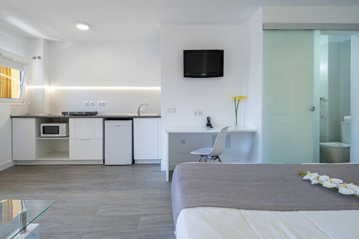Una habitación de hotel moderna con cama, escritorio, televisor, kitchenette pequeña y zona de ducha.