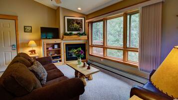 LCD TV, fireplace, DVD player