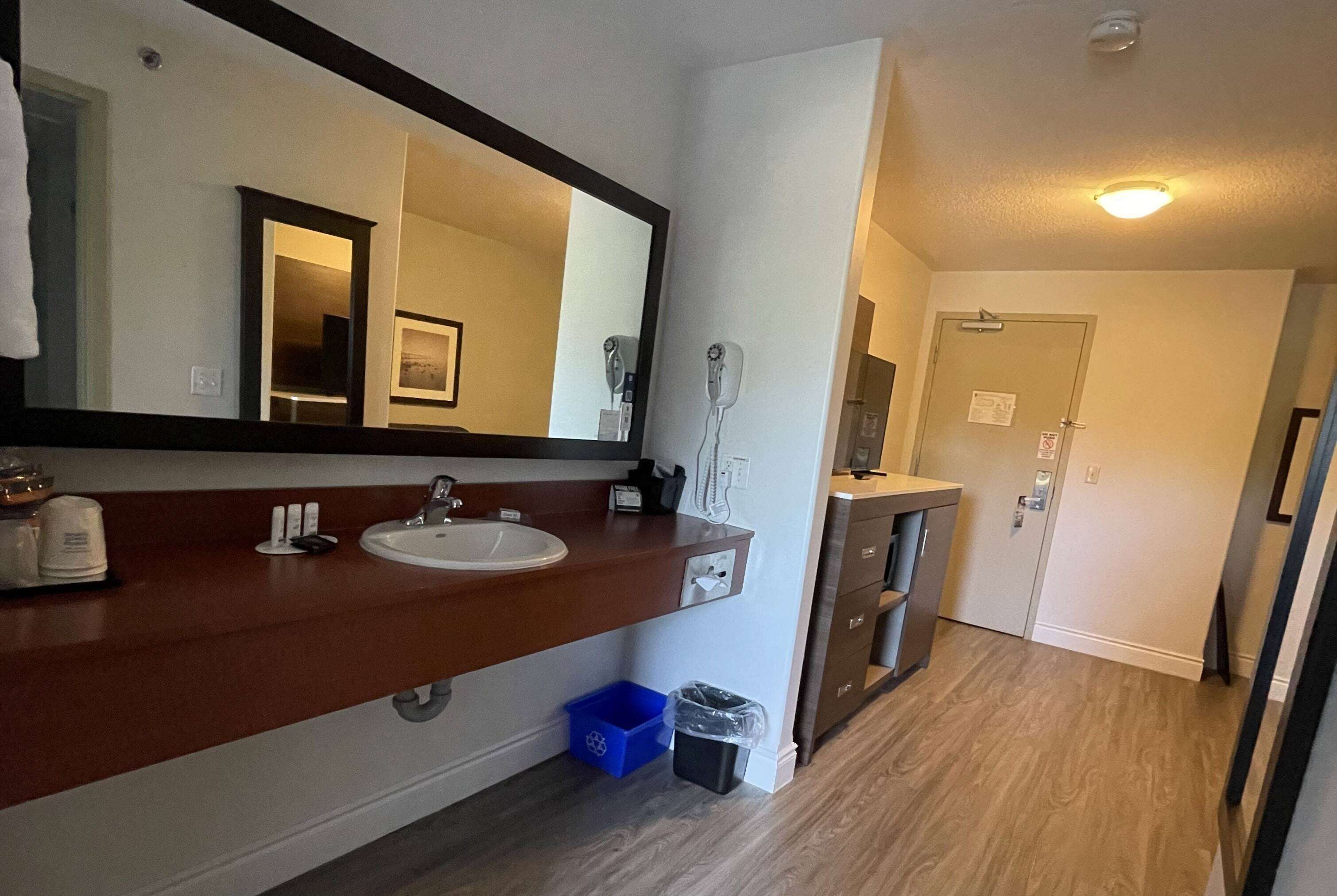 A bathroom with a sink, mirror, and hairdryer. There is a blue trash bin and a door to another room.