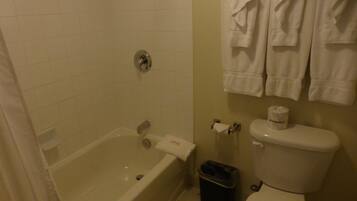 Une salle de bain avec une baignoire, des toilettes et une poubelle.