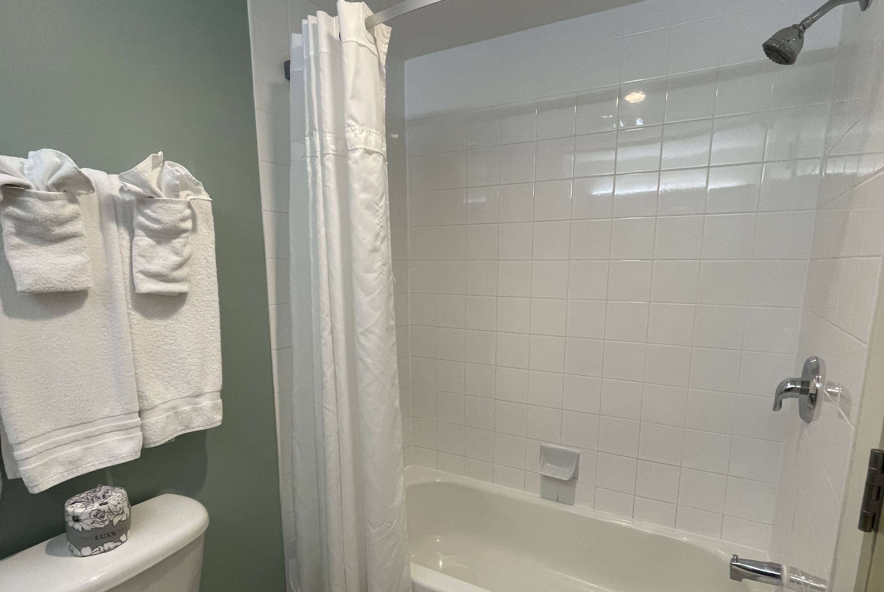 A bathroom with a bathtub, a toilet, and a shower curtain.