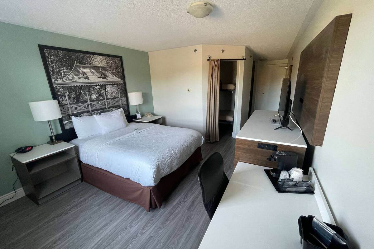Una habitación de hotel con cama, escritorio, silla, televisor, lámpara y un cuadro en la pared.